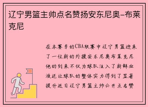 辽宁男篮主帅点名赞扬安东尼奥-布莱克尼